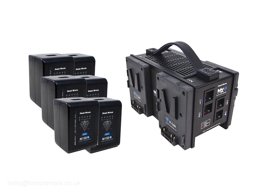 A photo of 6x 150Wh Hawkwoods V lock Batteries 4 Channel V Lock Charger for hire in London